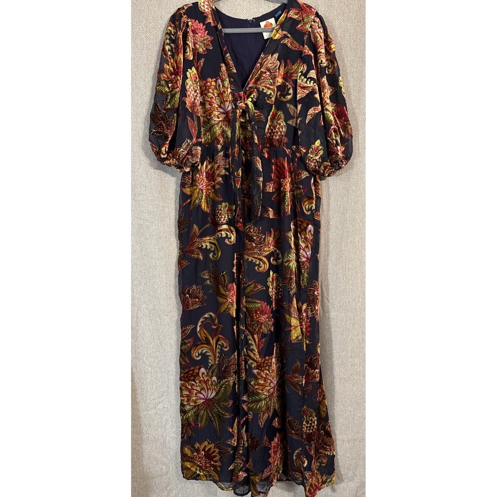Farm Rio Anthropologie Velvet Jumpsuit Women's Size XL Navy Floral Puff Sleeve